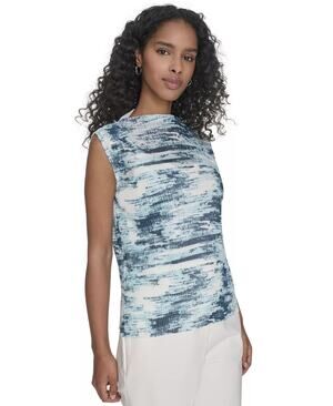 Calvin Klein Petite Printed Pleated Sleeveless Top in Positano Multi